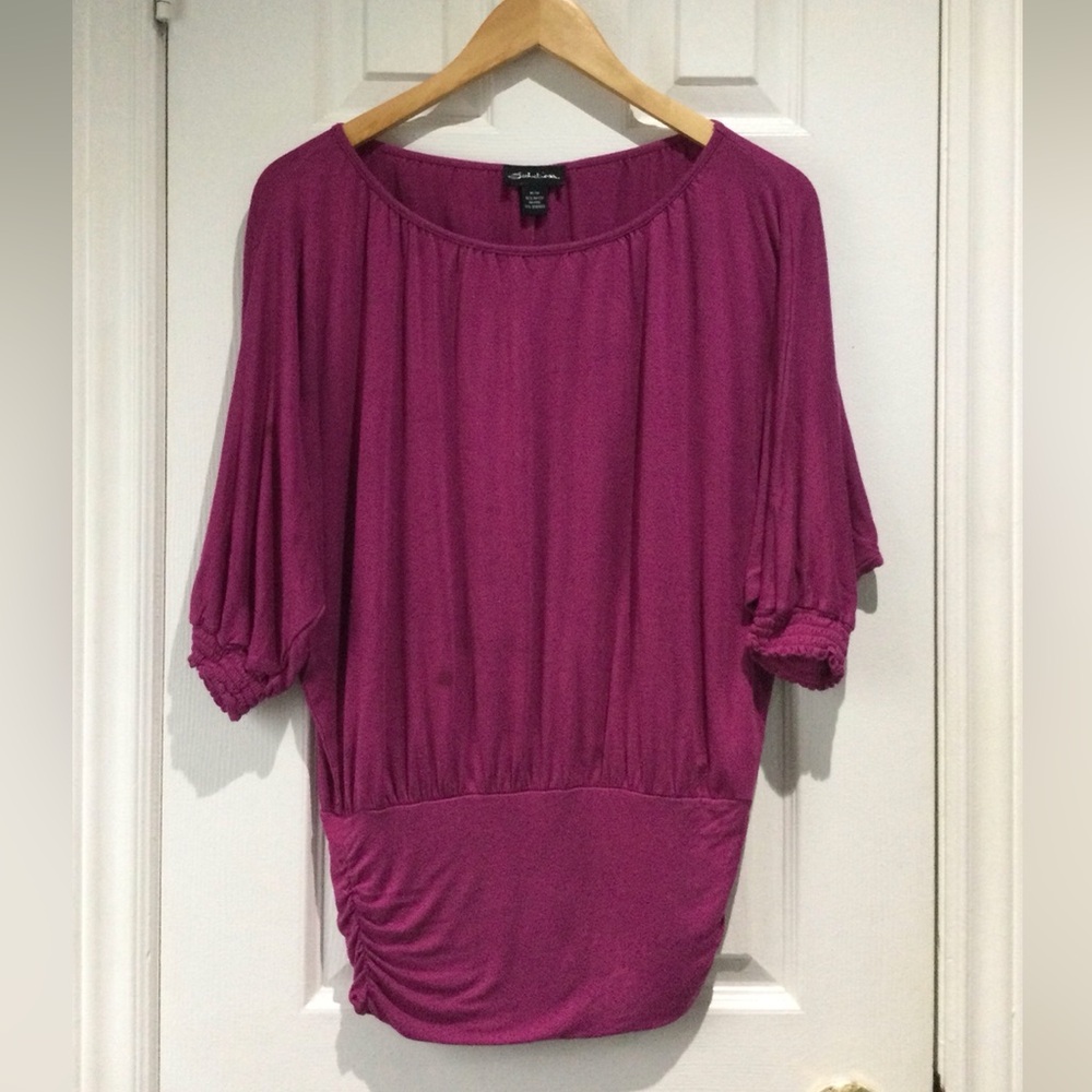 Seductions Rayon Purple 3/4 Ruched Sleeve Blouse